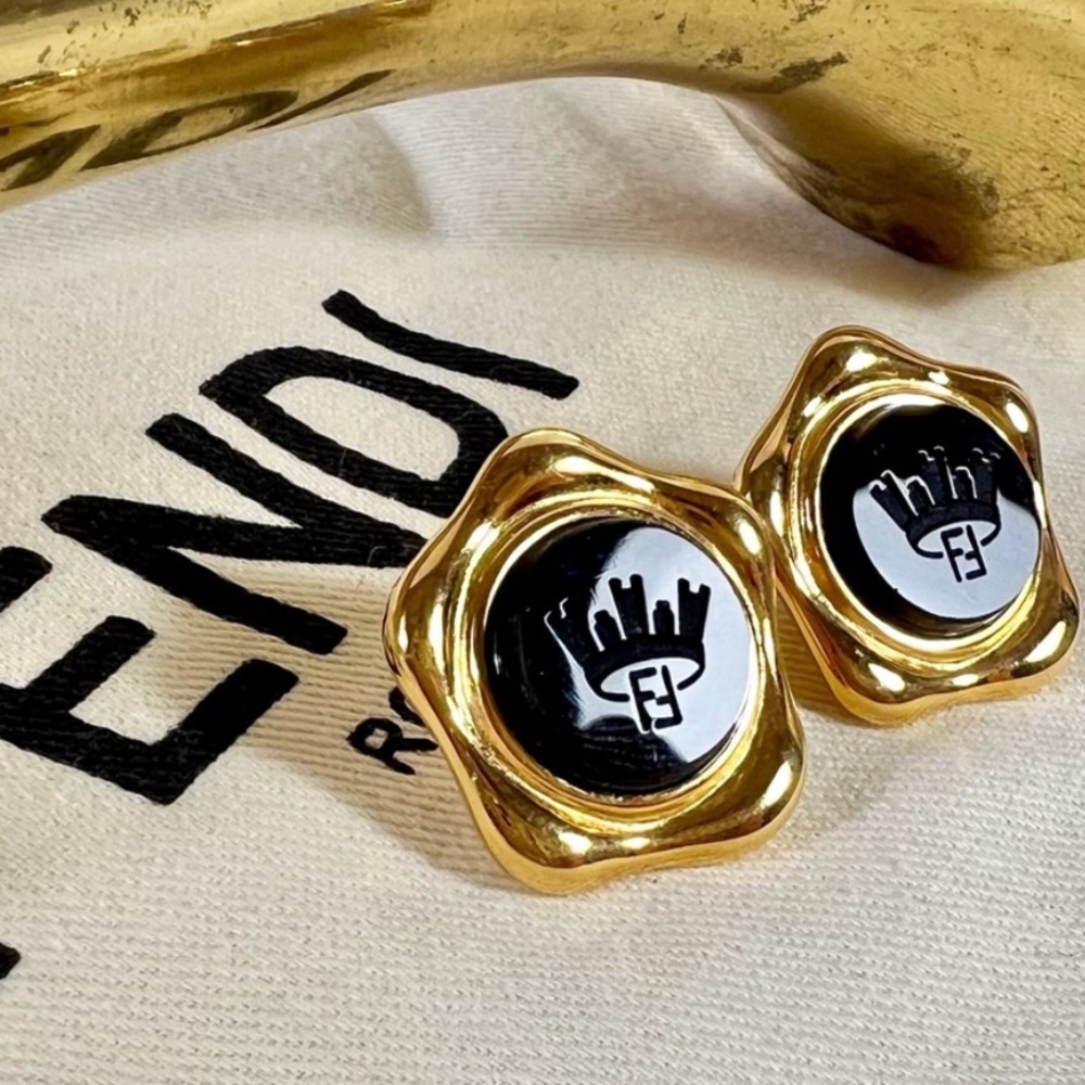 Fendi Gold & Black Enamel Logo & Crown Post-Back Earrings
